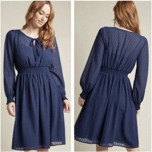 Modcloth Dress Blue Swiss Dot Large? Blouson Long Sleeve Dainty Sheer Party Midi